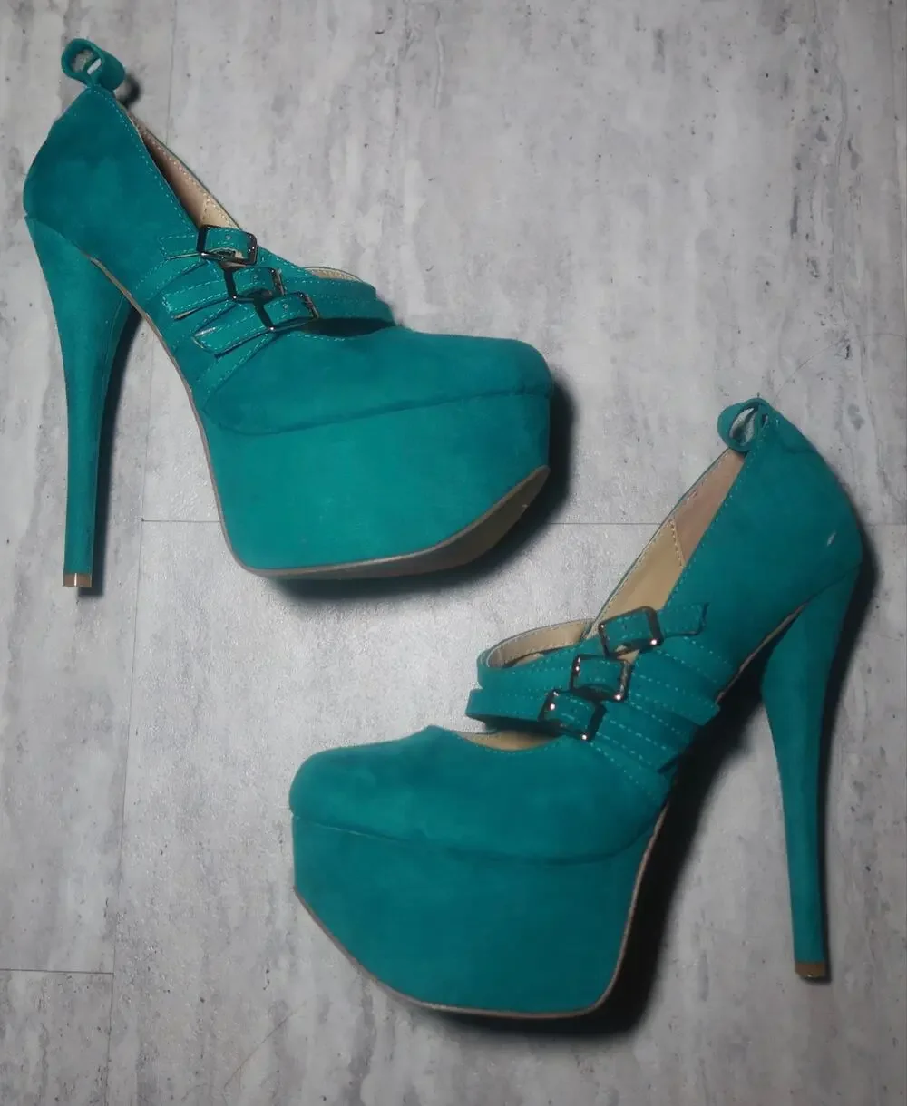 Y2K Teal Platform Heels Triple Buckle Pumps